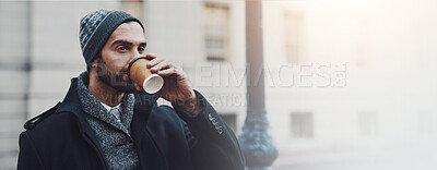 Buy stock photo Man, tourist or drinking with coffee in city street for travel, sightseeing or immigration in an urban town. Banner, male person or foreigner with beverage for morning commute or opportunity in Italy