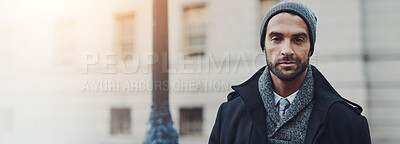 Buy stock photo Man, portrait and tourist with fashion in city for travel, sightseeing or immigration in an urban town. Banner, male person or foreigner with winter clothing for commute or new opportunity in Italy