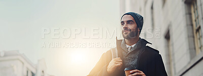 Buy stock photo Thinking, space or man in street walking for work, travel or business commute with drink. Sunrise banner, outdoor or confident male person in urban city with coffee, ideas or opportunity in France