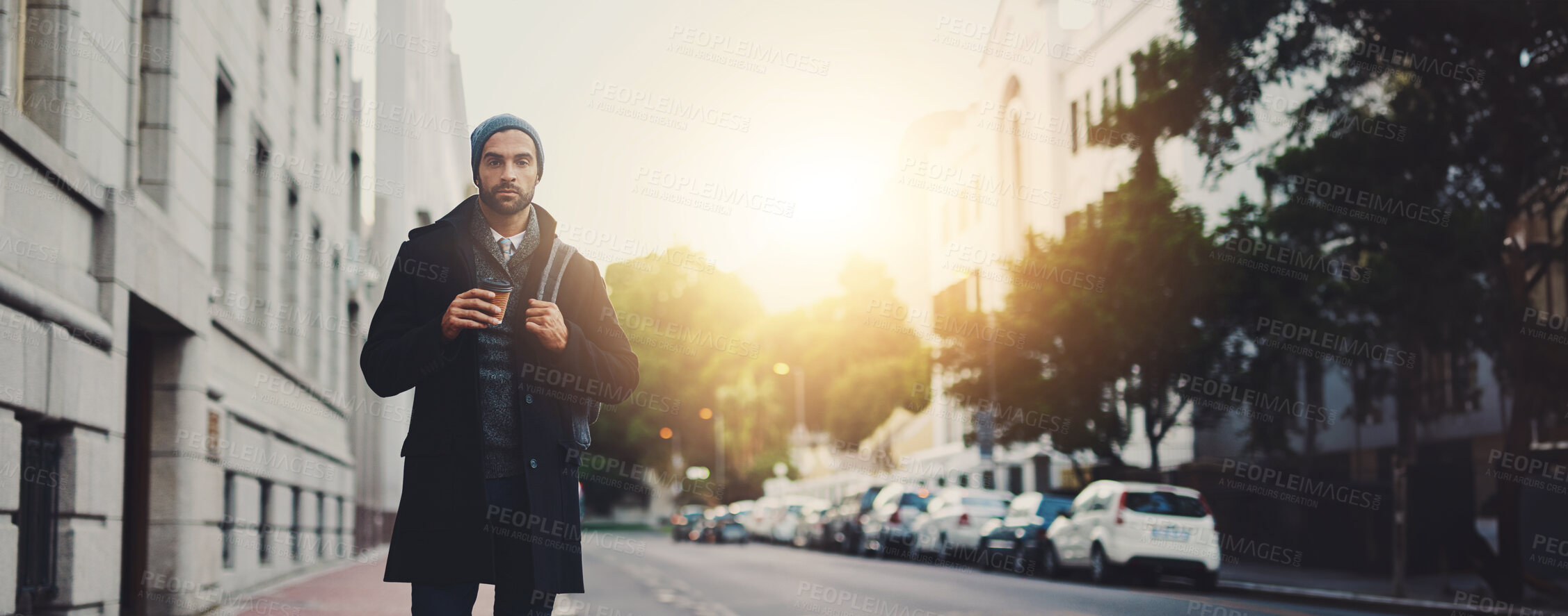 Buy stock photo Winter, portrait or man in street walking for work, travel or business commute with confidence. Sunset banner, morning or person in urban city with lens flare, backpack or fashion in London, England