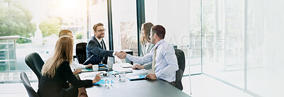 Buy stock photo Agreement, meeting and business people with handshake in office, accounting firm and success for b2b deal. Boardroom, teamwork and accountants with shaking hands for welcome, greeting and thank you