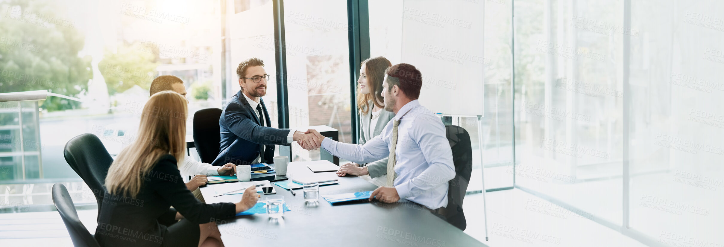 Buy stock photo Agreement, meeting and business people with handshake in office, accounting firm and success for b2b deal. Boardroom, teamwork and accountants with shaking hands for welcome, greeting and thank you