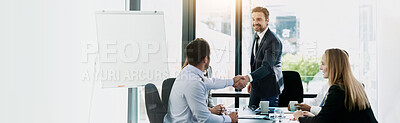 Buy stock photo Welcome, meeting and business people with handshake in office, accounting firm and success for b2b deal. Boardroom, teamwork and accountants with shaking hands for agreement, greeting or mockup space