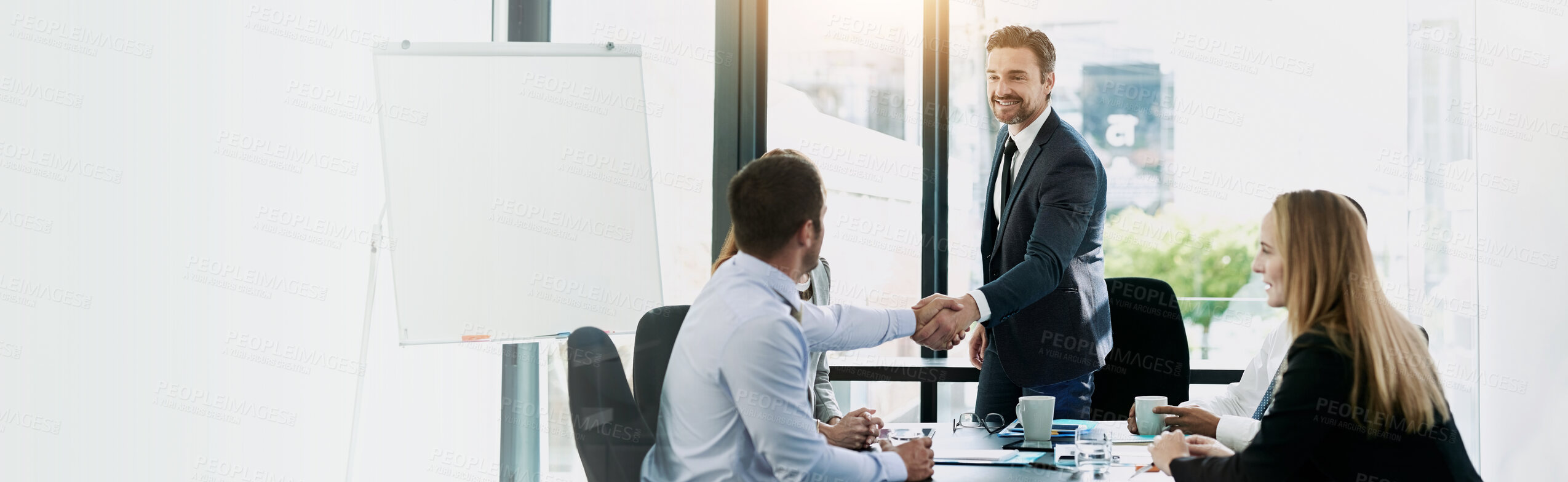 Buy stock photo Welcome, meeting and business people with handshake in office, accounting firm and success for b2b deal. Boardroom, teamwork and accountants with shaking hands for agreement, greeting or mockup space