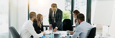 Buy stock photo Office, meeting and business people with blueprint for architecture, floor design and planning. Boardroom, employees and architect with document for brainstorming, teamwork or banner for construction