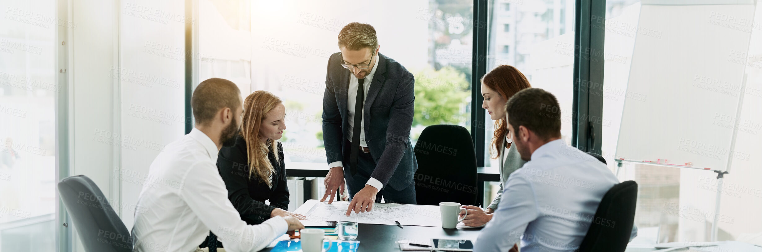 Buy stock photo Office, meeting and business people with blueprint for architecture, floor design and planning. Boardroom, employees and architect with document for brainstorming, teamwork or banner for construction