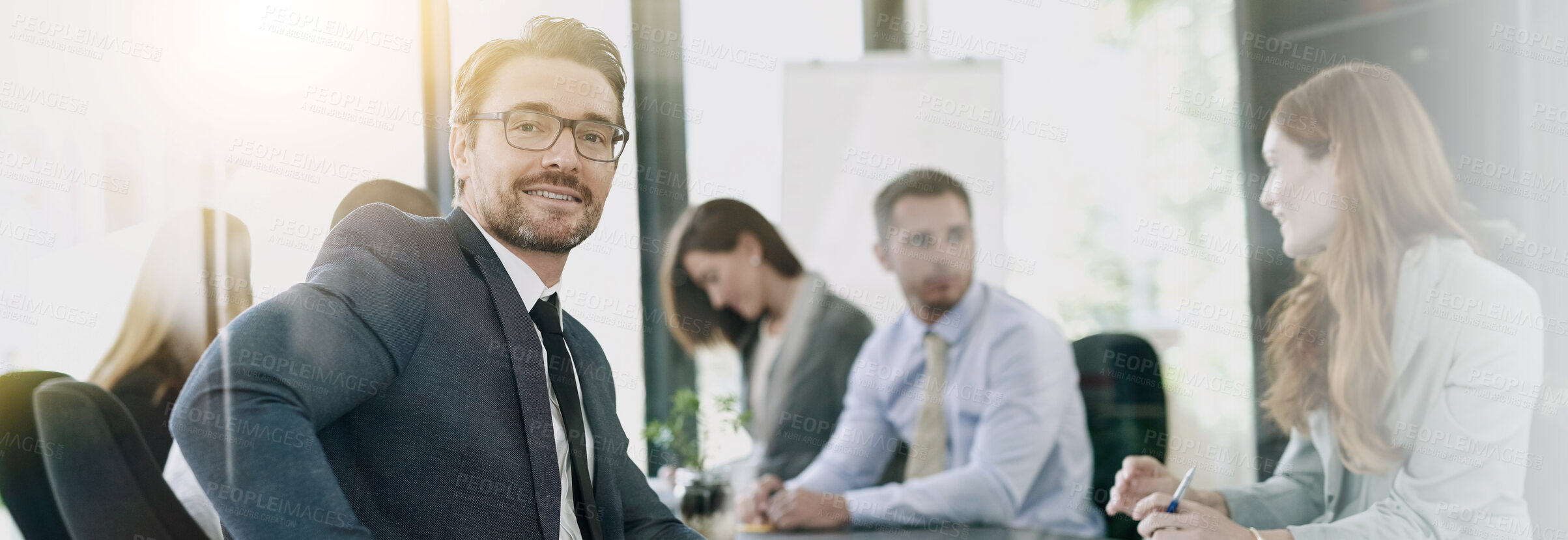Buy stock photo Portrait, businessman and ceo in office for meeting, corporate justice and lawyer with confidence. Boardroom, employees and team leader with pride for court case, mature manager or proud for law firm