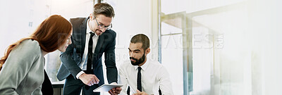 Buy stock photo Office, business people and ceo with tablet in meeting, research and feedback for corporate case. Banner, employees and lawyers with digital for discussion, justice team or online report for law firm
