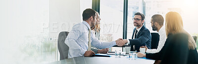 Buy stock photo Office, welcome and business people with handshake in meeting, accounting firm and success for b2b deal. Boardroom, teamwork and accountants with shaking hands for agreement, greeting or mockup space