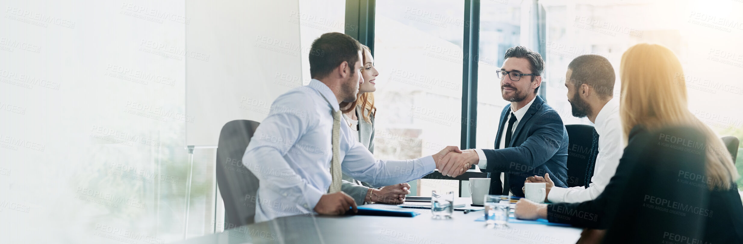 Buy stock photo Office, welcome and business people with handshake in meeting, accounting firm and success for b2b deal. Boardroom, teamwork and accountants with shaking hands for agreement, greeting or mockup space