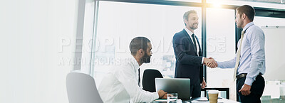 Buy stock photo Office, men and business people with handshake in meeting, accounting firm and success for b2b deal. Boardroom, teamwork and accountants with shaking hands for agreement, greeting and mockup space