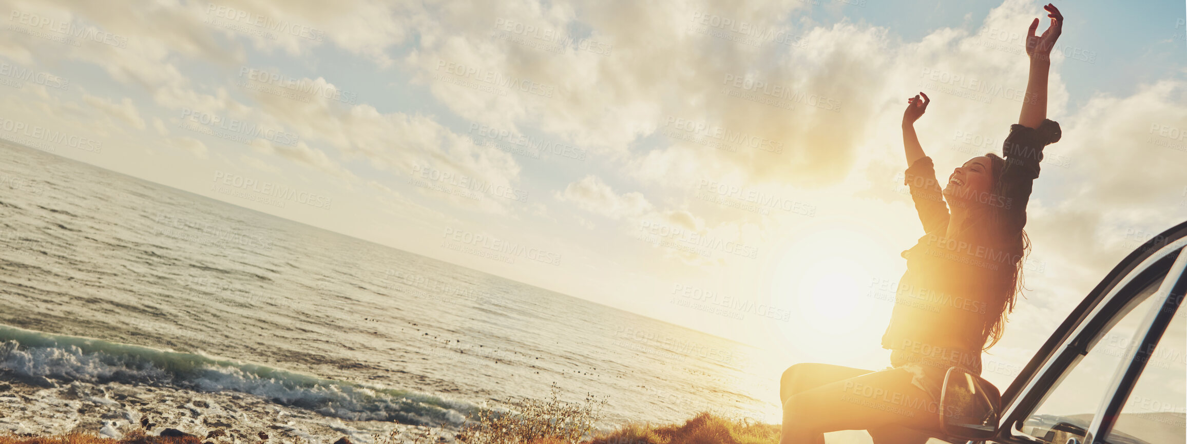 Buy stock photo Happy woman, freedom or road trip with beach sunset or car for travel, summer holiday or outdoor journey in nature. Banner, female person or tourist with smile on vehicle for adventure by ocean coast