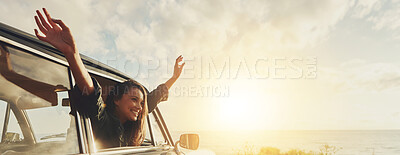 Buy stock photo Happy woman, freedom and car window with sunset for road trip, travel or outdoor journey in nature. Banner, female person or tourist with smile in vehicle for adventure or holiday by ocean coast