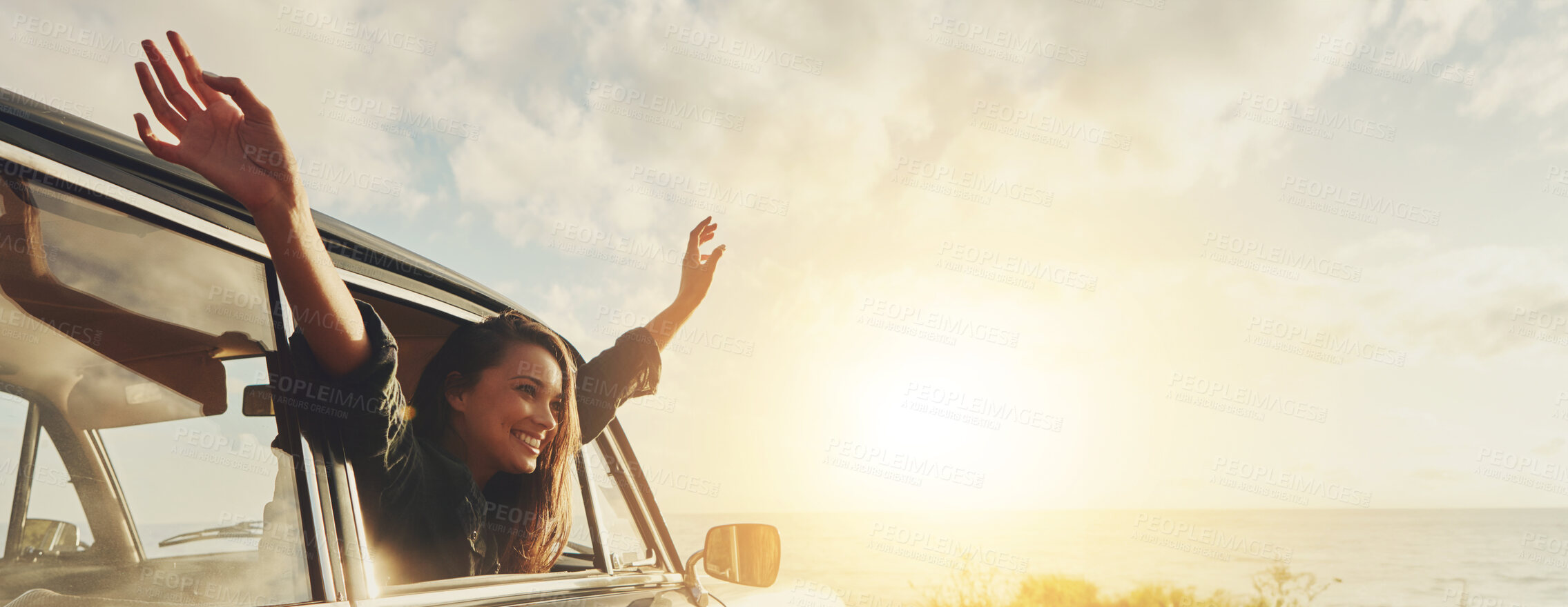 Buy stock photo Happy woman, freedom and car window with sunset for road trip, travel or outdoor journey in nature. Banner, female person or tourist with smile in vehicle for adventure or holiday by ocean coast