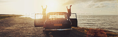 Buy stock photo Friends, freedom and sunset by car at beach for road trip fun, holiday adventure and sightseeing nature. Banner, people and women by vehicle for destination stop, travel scenery or bonding on journey