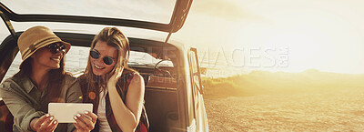 Buy stock photo Friends, space and selfie in car for road trip and adventure at sunset for outdoor nature and holiday. Travel banner mockup, women or people in picture on summer vacation, photography and lens flare