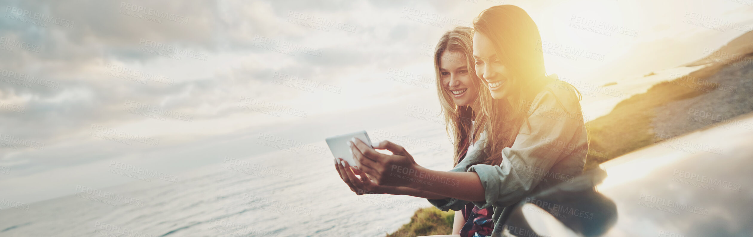 Buy stock photo Women, space and selfie in car for road trip and adventure at sunset for outdoor nature and holiday. Travel banner mockup, friends or people in picture on summer vacation, photography and lens flare