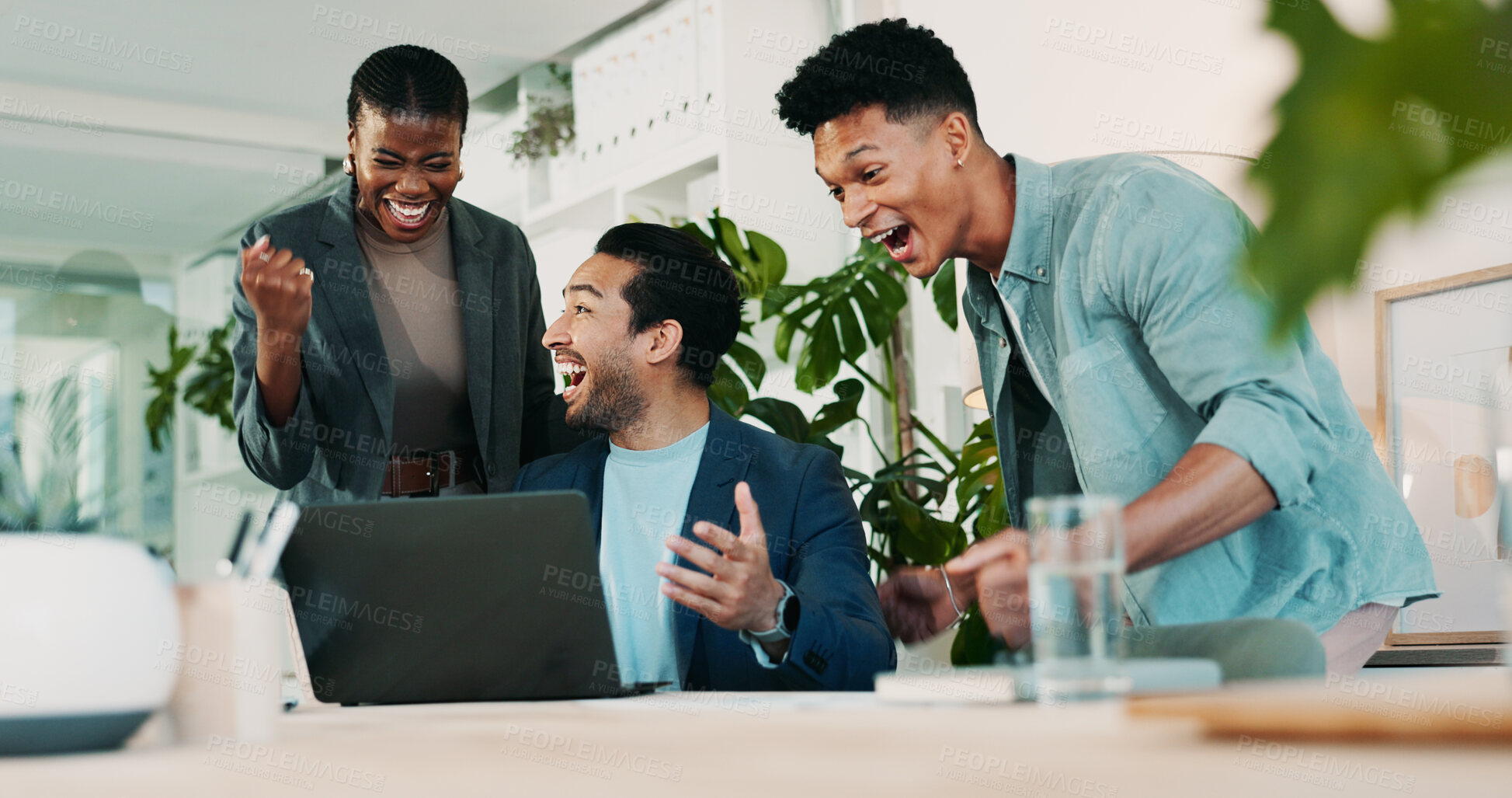 Buy stock photo Office, meeting and celebration for laptop, proposal and research with approval for report. Man, woman and excited for small business, teamwork and collaboration for partnership or b2b project