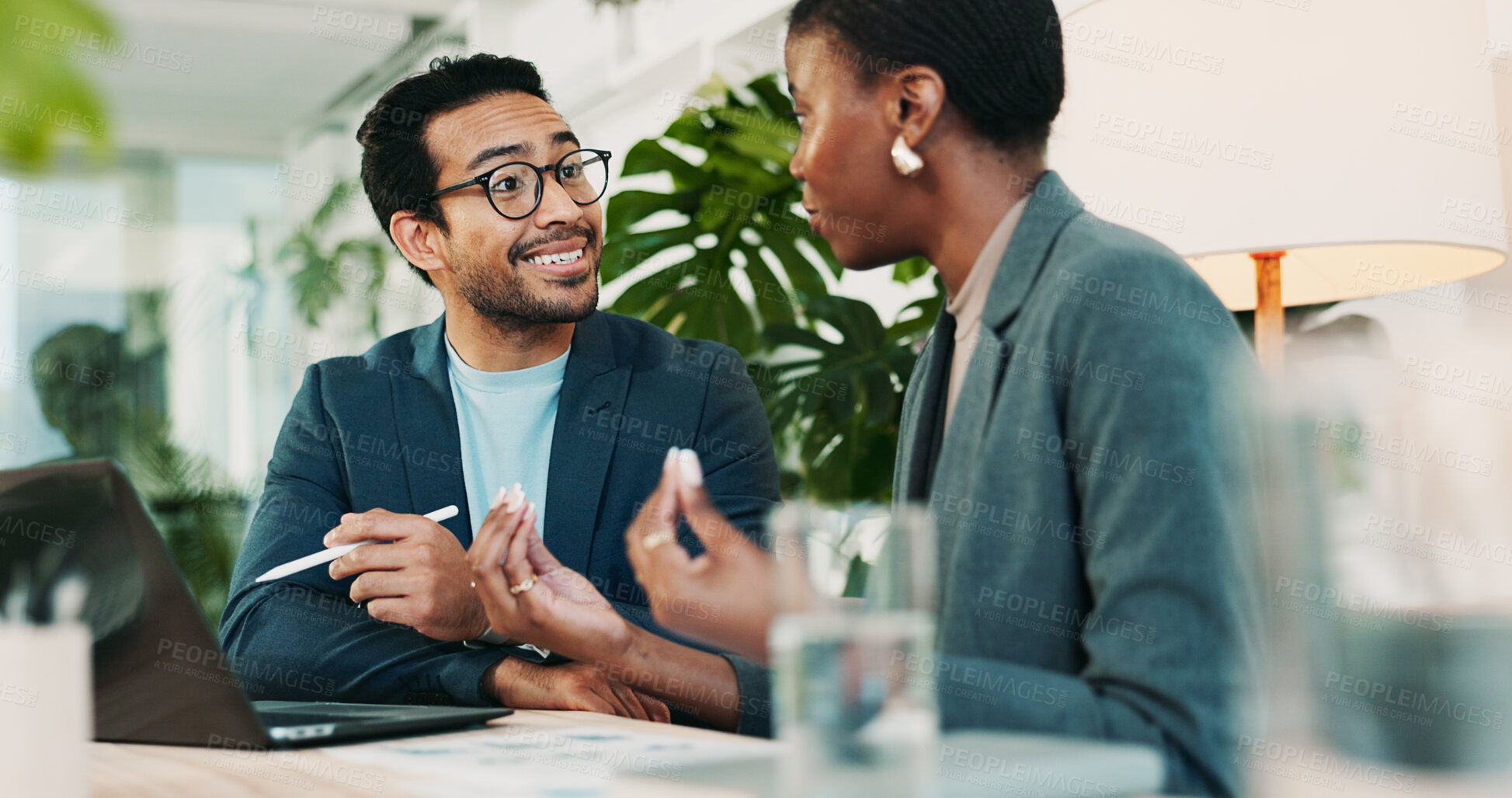 Buy stock photo Office, meeting and feedback for laptop, proposal and research notes with document for report. Man, woman and advice for small business, teamwork and collaboration for partnership or b2b project