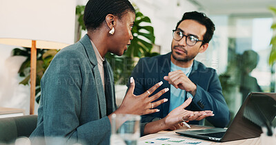 Buy stock photo Office, collaboration and team advice for laptop, proposal and research notes with document for report. Man, woman and feedback for small business, training and meeting for partnership or b2b project