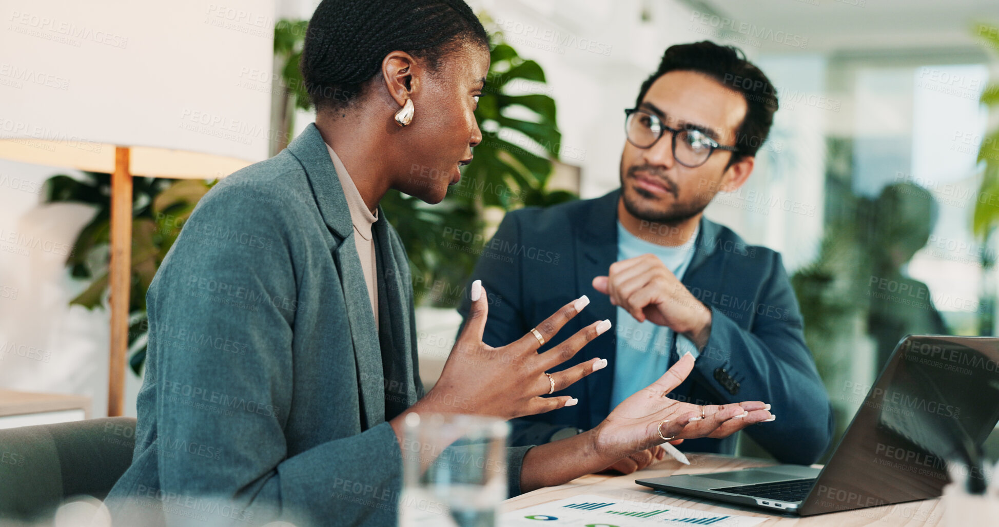 Buy stock photo Office, collaboration and team advice for laptop, proposal and research notes with document for report. Man, woman and feedback for small business, training and meeting for partnership or b2b project