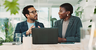 Buy stock photo Office, partnership and team advice for laptop, proposal and research notes with document for report. Man, woman and feedback for business, collaboration and meeting for training or b2b project