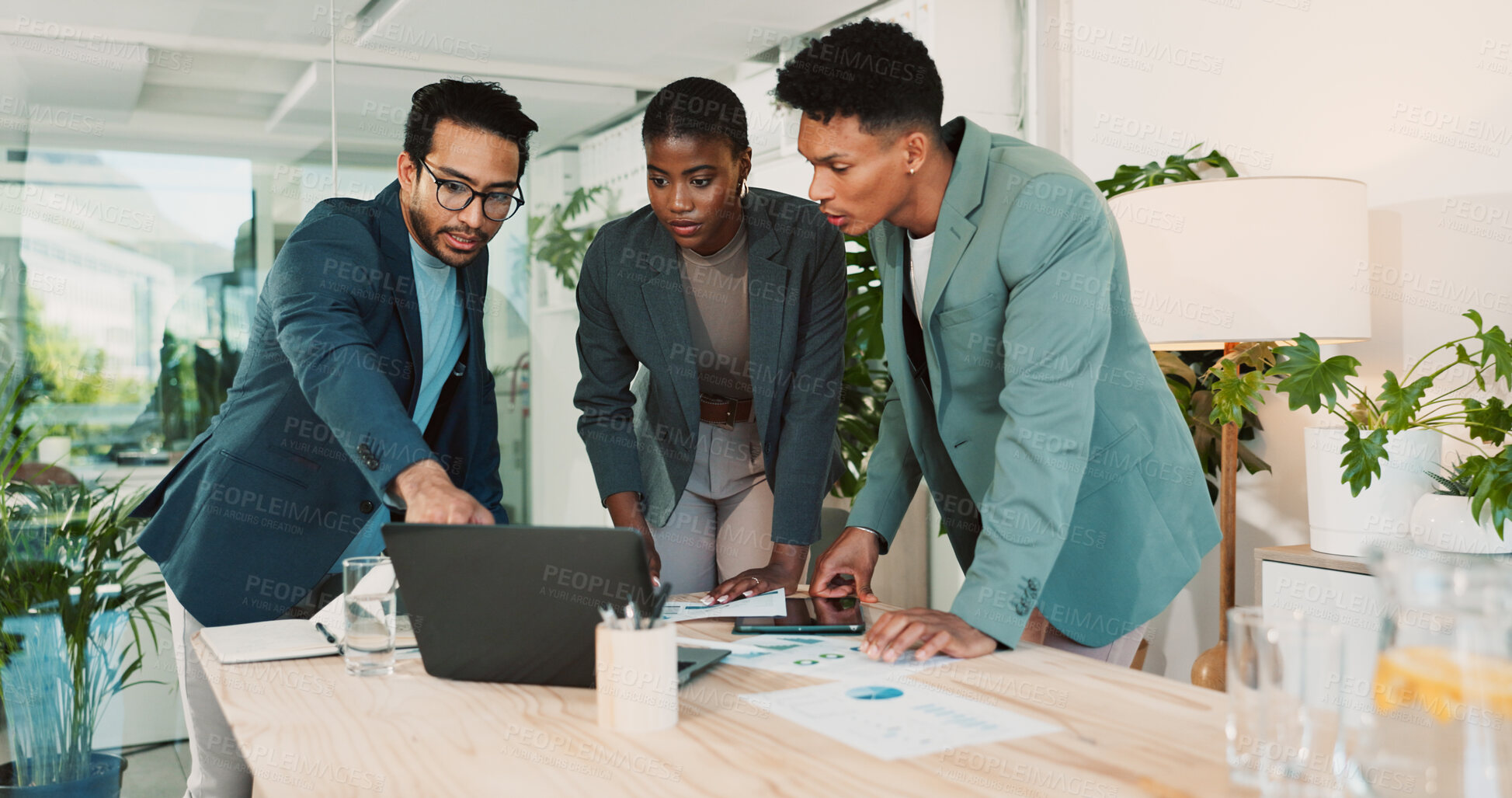 Buy stock photo Office, partnership and report feedback for laptop, proposal and research notes with document for team. Man, woman and advice for small business, collaboration and meeting for training or b2b project