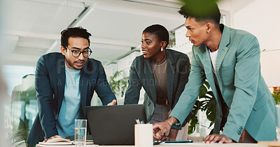 Buy stock photo Office, teamwork and business people with laptop for discussion, financial planning and investment. Collaboration, employees and advisor in accounting firm for market performance, feedback or digital