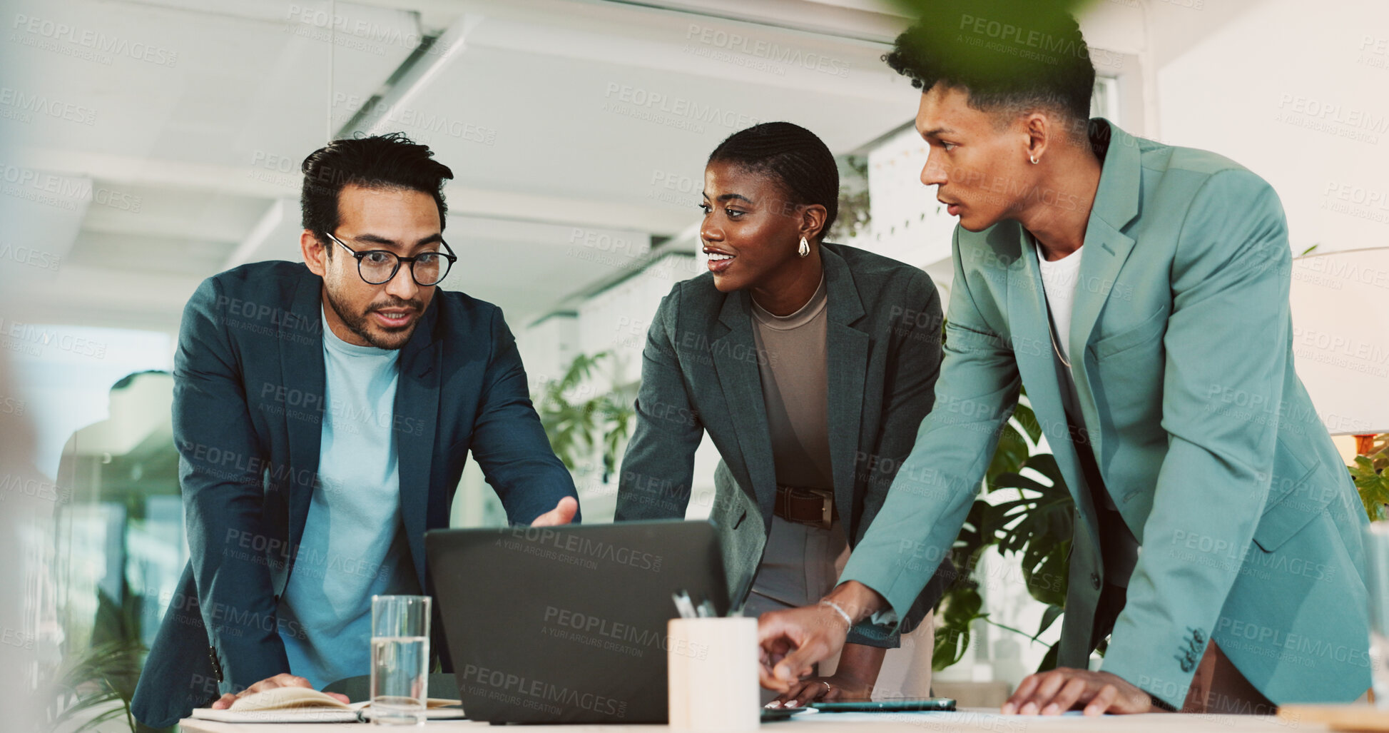 Buy stock photo Office, teamwork and business people with laptop for discussion, financial planning and investment. Collaboration, employees and advisor in accounting firm for market performance, feedback or digital