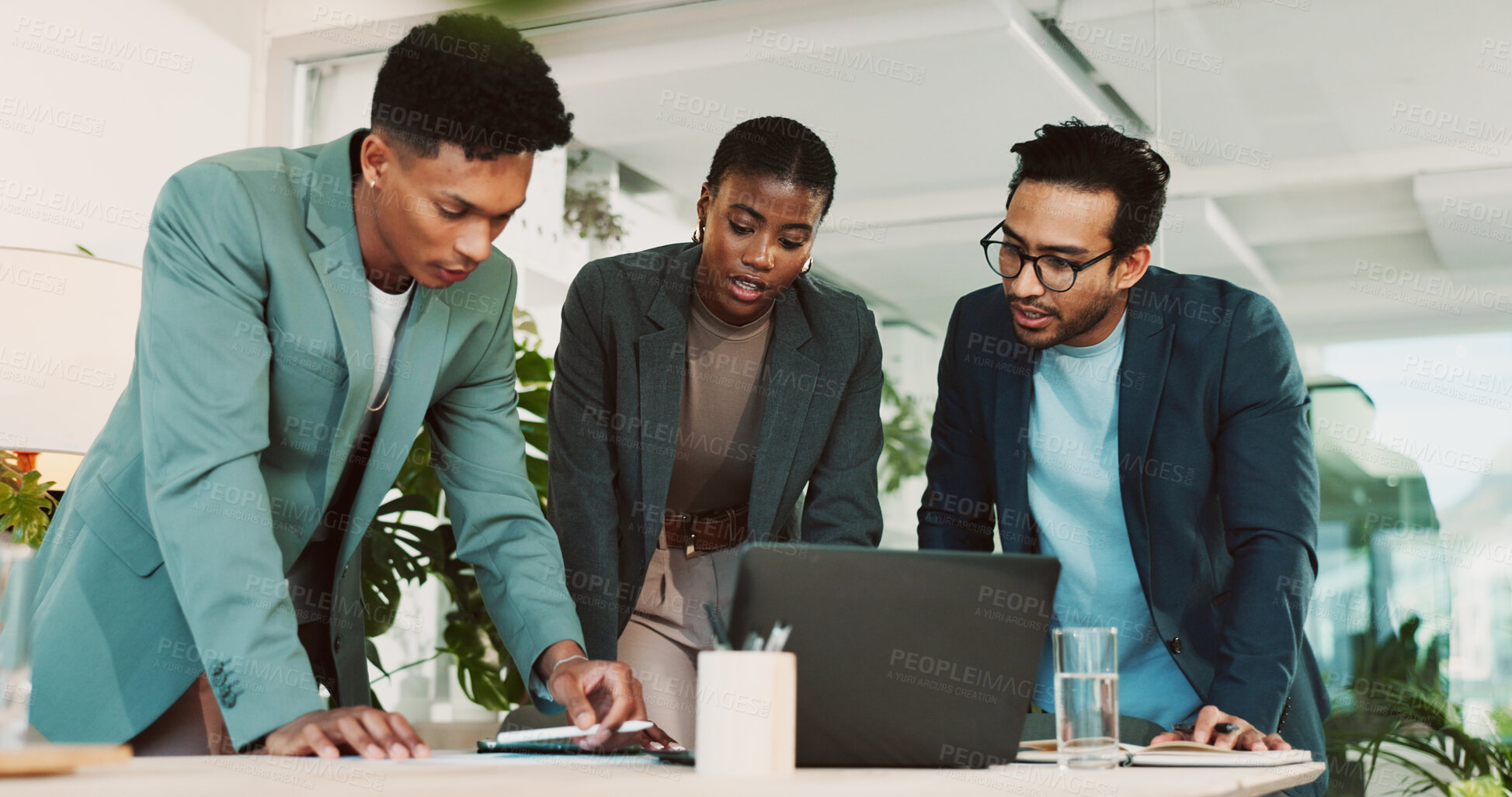 Buy stock photo Discussion, teamwork and business people with laptop in office, financial planning and investment. Collaboration, employees and advisor in accounting firm for review performance, feedback and digital