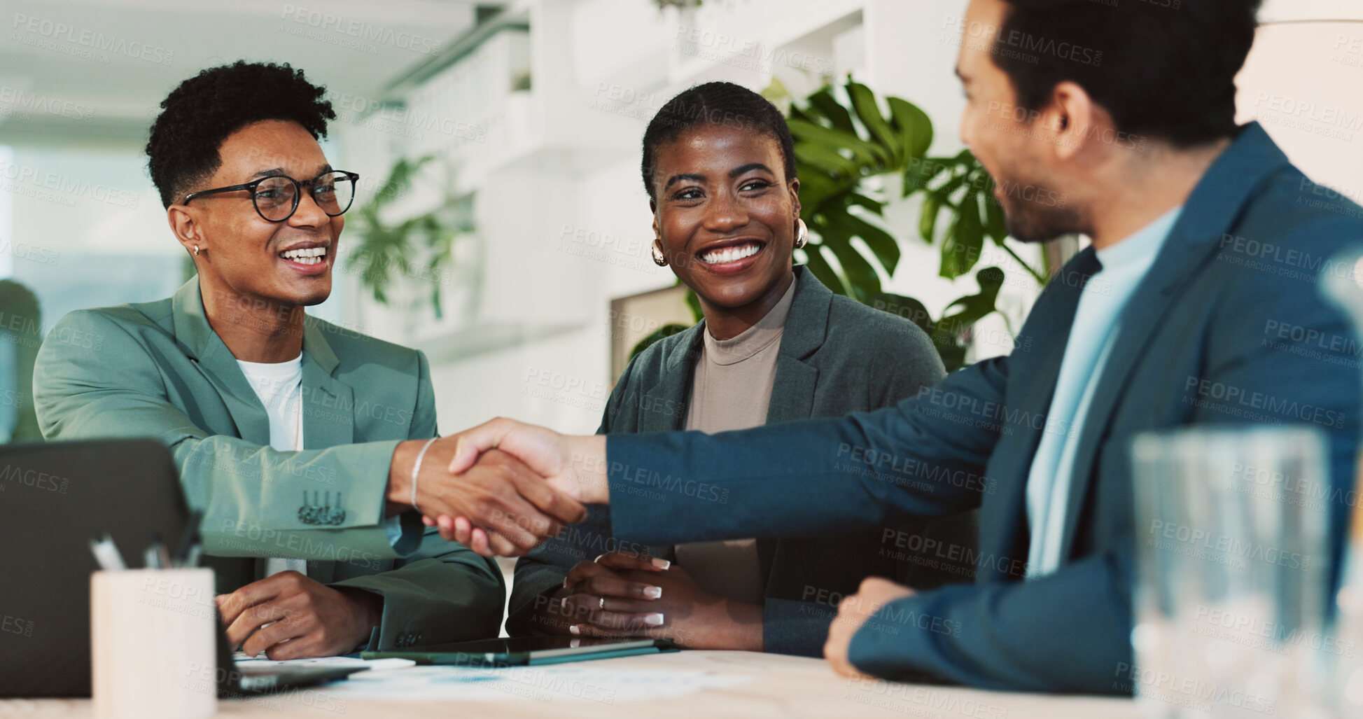 Buy stock photo Business, people and handshake with agreement in office for b2b upsell opportunity and contract negotiation success. Internal collaboration, account manager and shaking hands for company partnership