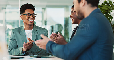 Buy stock photo Business, people and applause with celebration in office for upsell opportunity and contract negotiation success. Teamwork, account manager and clapping hands for company kpi performance and support