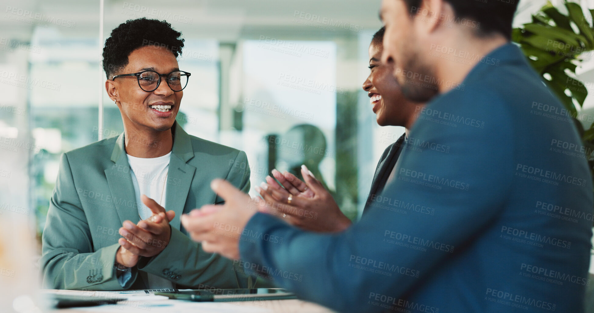 Buy stock photo Business, people and applause with celebration in office for upsell opportunity and contract negotiation success. Teamwork, account manager and clapping hands for company kpi performance and support