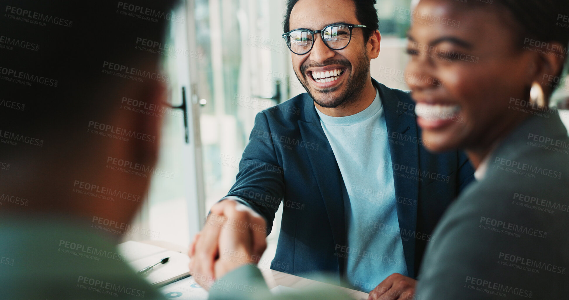 Buy stock photo Business, people and handshake with welcome in office for b2b upsell opportunity and contract agreement success. Internal collaboration, happy account manager and shaking hands for client onboarding
