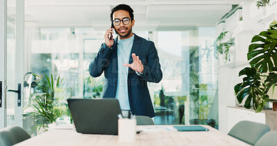 Buy stock photo Man, phone call and stress in office for business, planning and talk with financial mistake at laptop. Broker, computer and contact in agency with budget review, banking error and problem solving