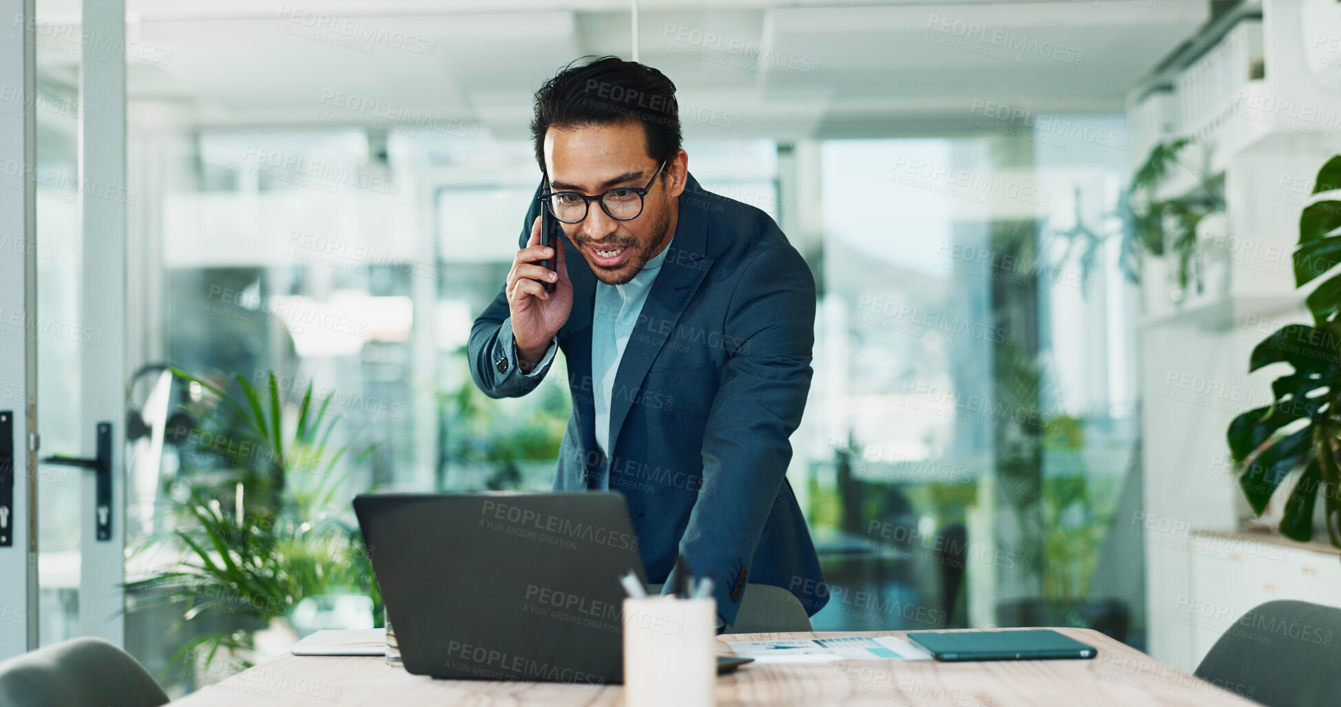 Buy stock photo Man, phone call and laptop in office for business, planning and consultation for financial advice. Broker, computer and contact in agency with budget review, investment pitch or research economy news