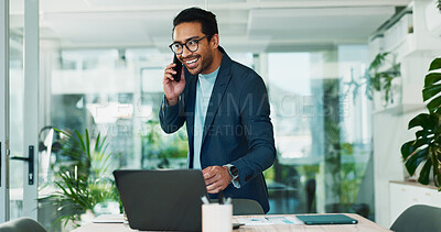 Buy stock photo Man, phone call or happy in office for business, planning or consultation for financial growth at laptop. Broker, tech or contact in agency with budget review, investment win or good news in feedback
