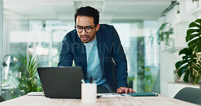 Buy stock photo Man, stress and laptop in office for business, banking fraud and finance mistake at desk. Confused accountant, computer and frustrated in accounting agency for admin crisis, economy fail and anxiety