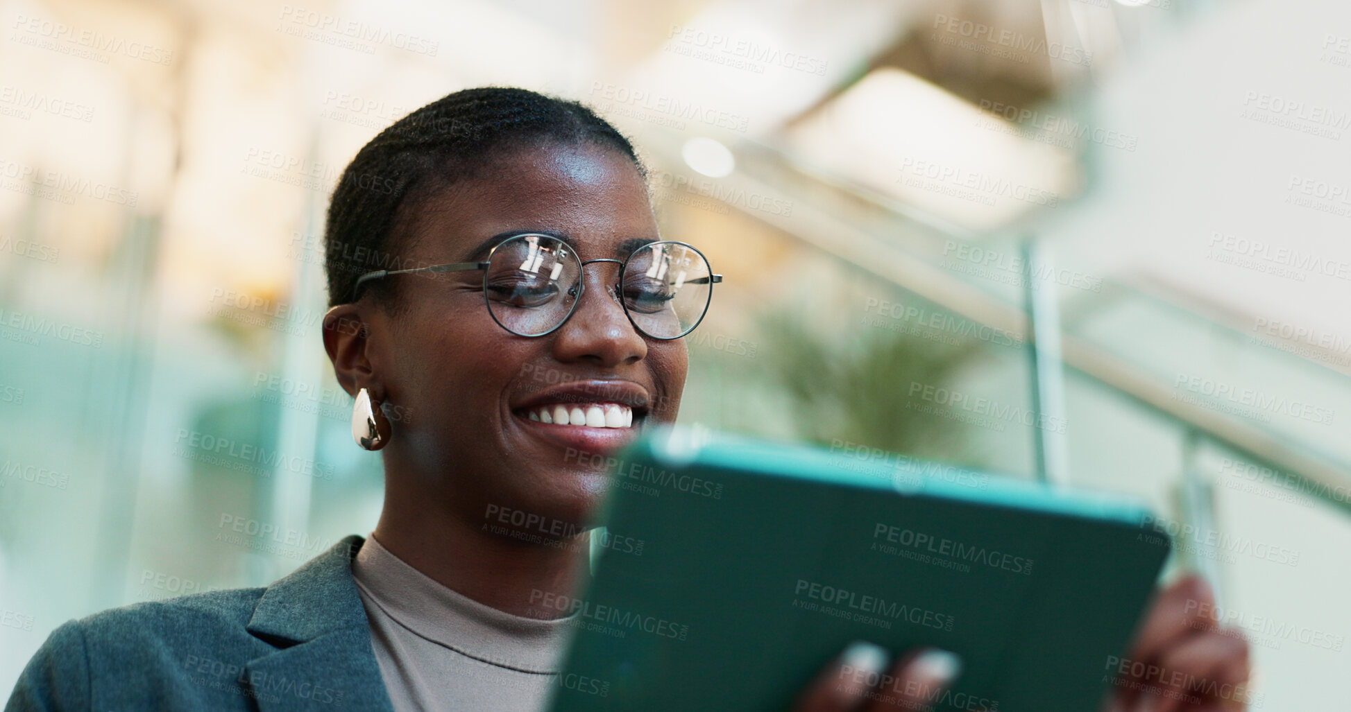 Buy stock photo Office, black woman and smile with tablet for connection, software update and confidence for career. Happy, female person and web designer with digital for app notification, design tools and review