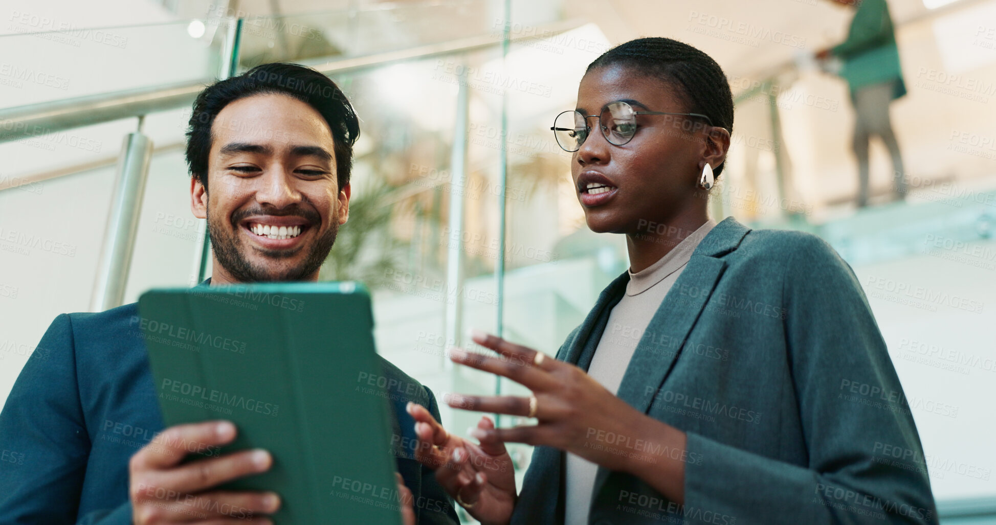 Buy stock photo Planning, eco consultant and tablet with business people in office for sustainability manager, low angle and teamwork. Environment policy, climate change solution and discussion with employees