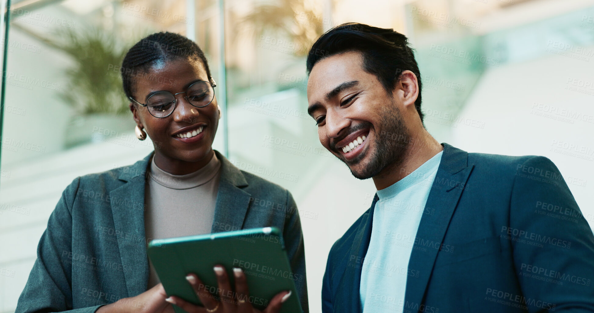 Buy stock photo Smile, eco consultant and tablet with business people in office for sustainability manager, research and planning. Environment policy, climate change solution and teamwork with employees and project