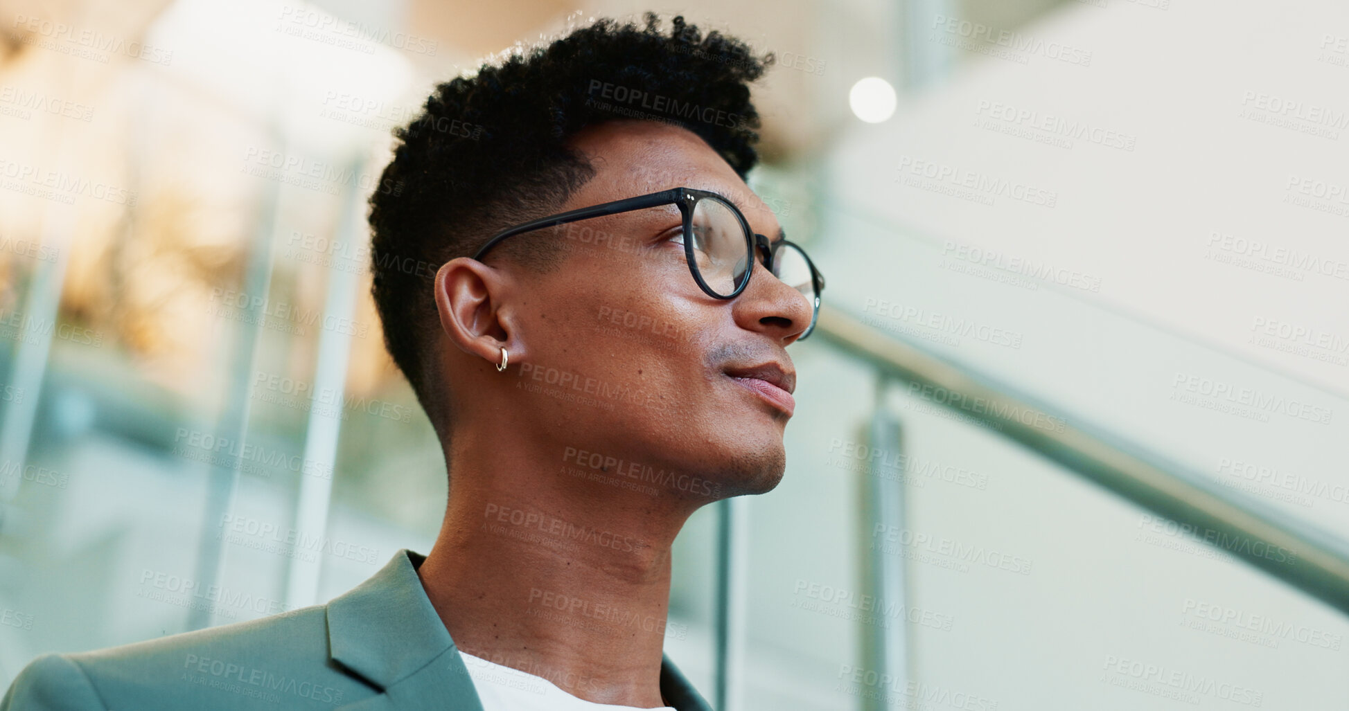 Buy stock photo Thinking, confidence and businessman with glasses for office planning, idea or proposal. Problem solving, reflection and brainstorming below person in agency for solution, vision or review decision