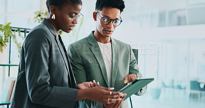 Buy stock photo Research, eco consultant and tablet with business people in office for sustainability manager, teamwork and planning. Environment policy, climate change solution and discussion with employees