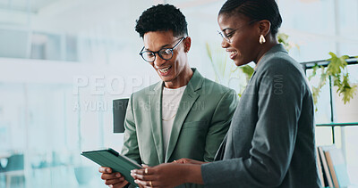 Buy stock photo Coaching, eco consultant and tablet with business people in office for sustainability manager, research and planning. Environment policy, climate change solution and discussion with employees