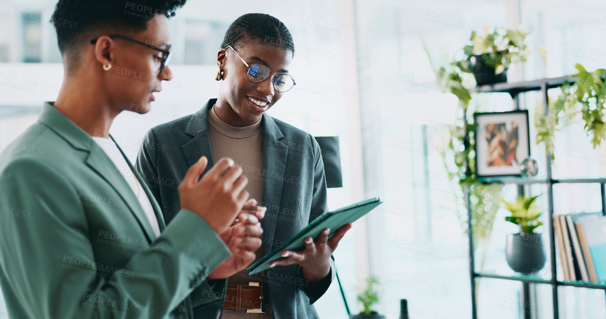 Buy stock photo Teamwork, eco consultant and tablet with business people in office for sustainability manager, research and planning. Environment policy, climate change solution and discussion with employees