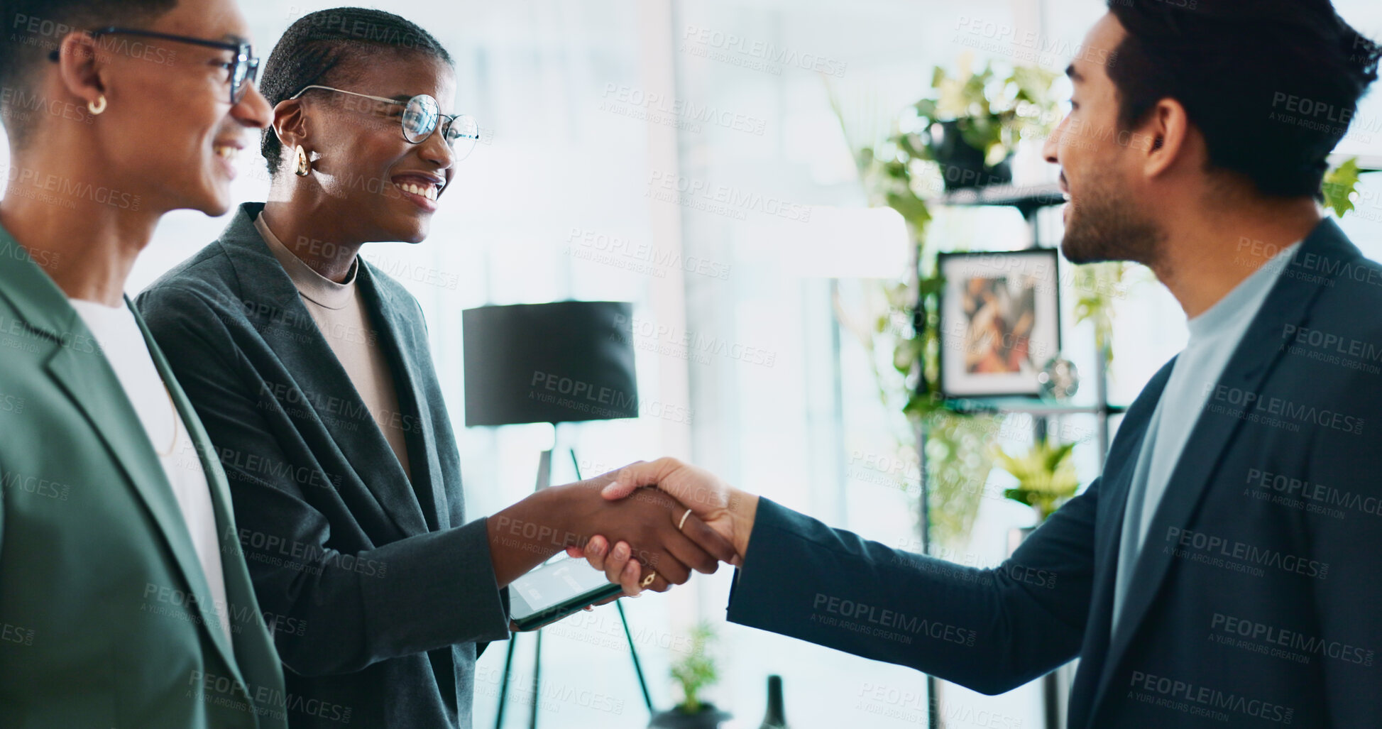 Buy stock photo Business, teamwork and handshake with welcome in office for b2b upsell opportunity or contract agreement. Internal collaboration, happy account manager or shaking hands for client partnership at work