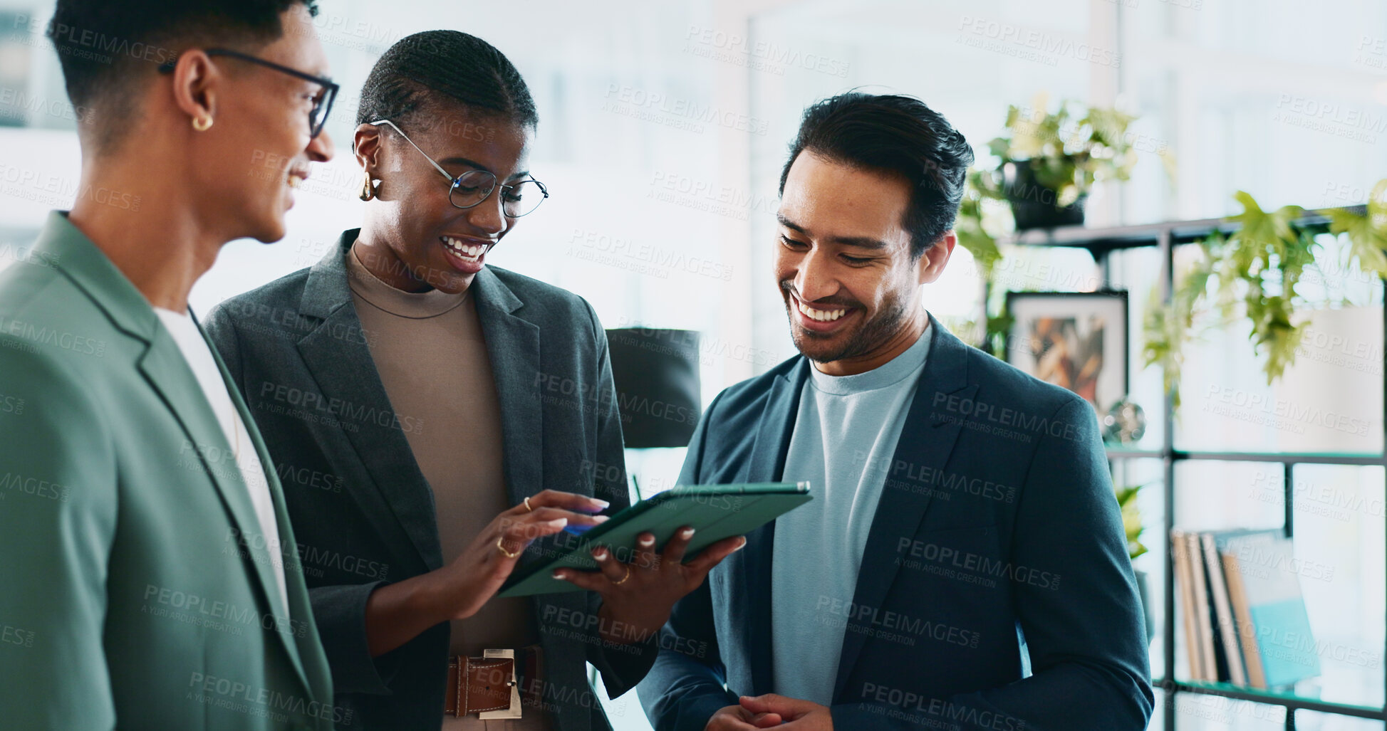 Buy stock photo Teamwork, planning and tablet with business people in office for sustainability manager, research and eco consultant. Environment policy, climate change solution and discussion with employees