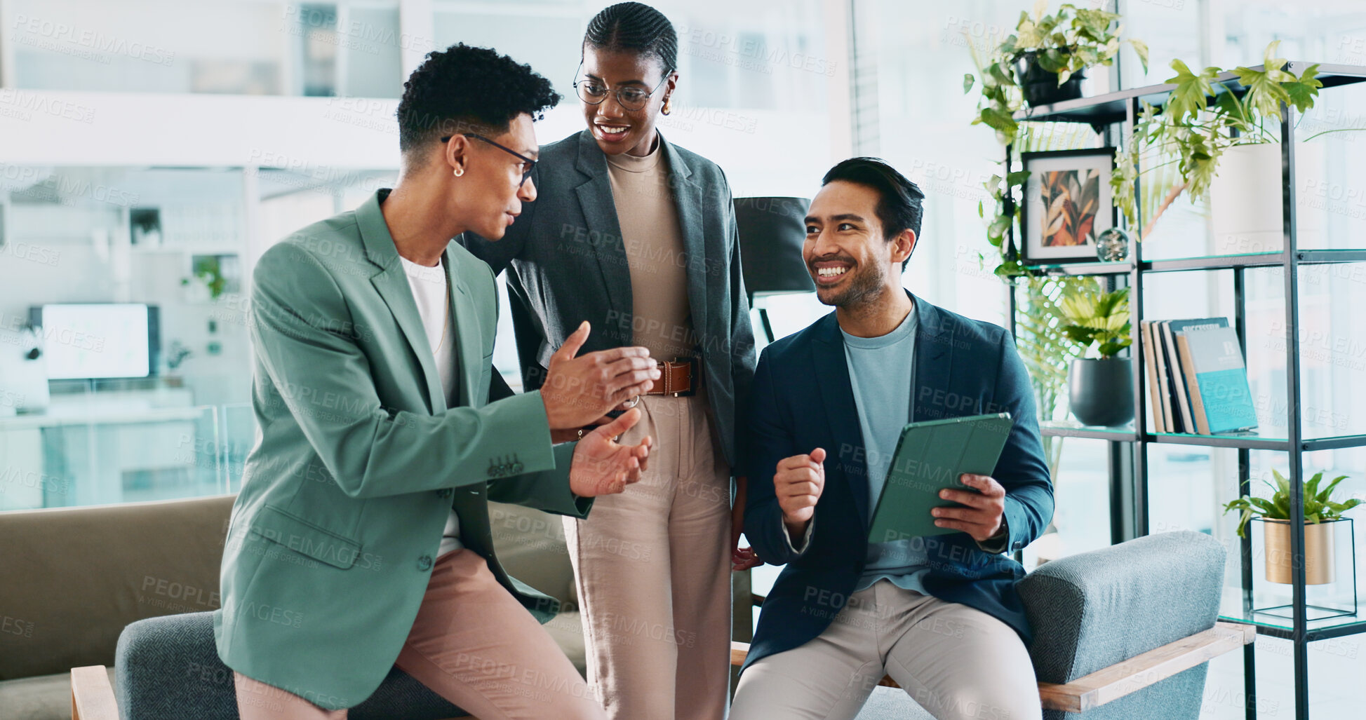 Buy stock photo Success, eco consultant and tablet with business people in office for sustainability manager, winner and planning. Environment policy, climate change deal and excited with employees for good news