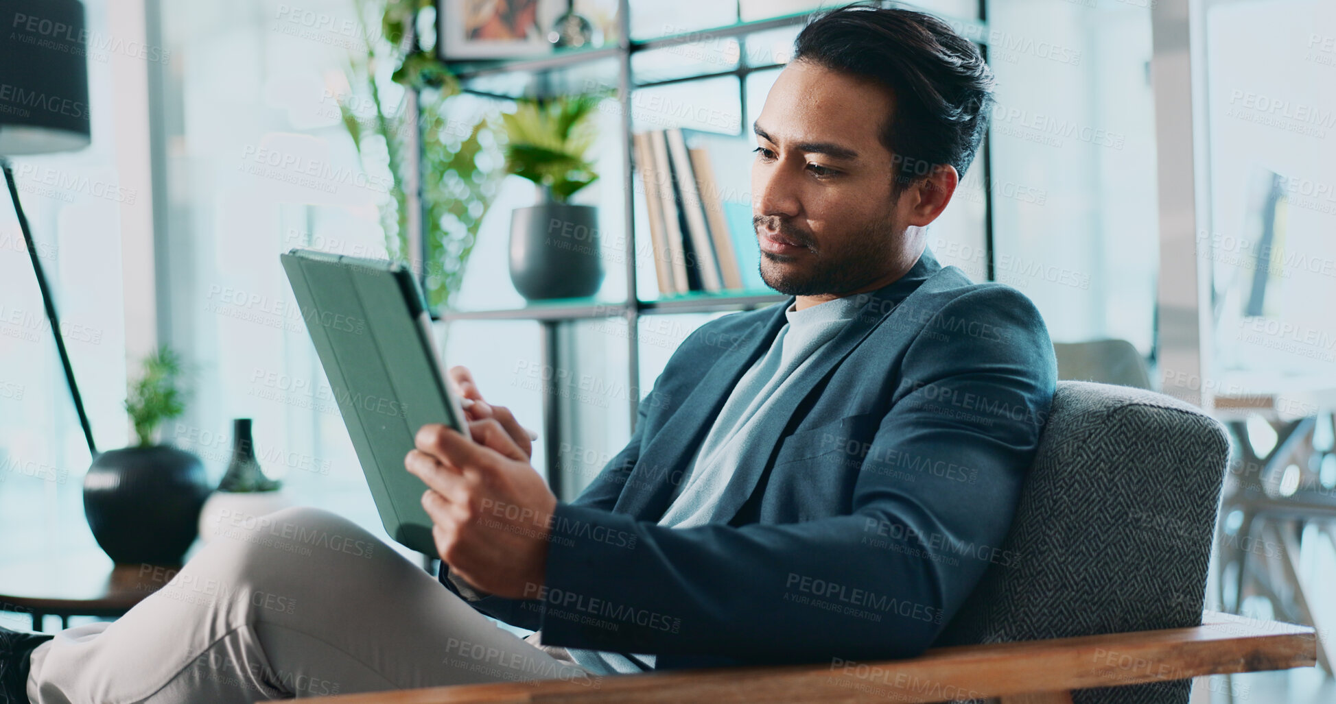 Buy stock photo Businessman, tablet and review in office for news, economy update and website for research. Online, technology and financial advisor in workplace with touchscreen app, finance management and report