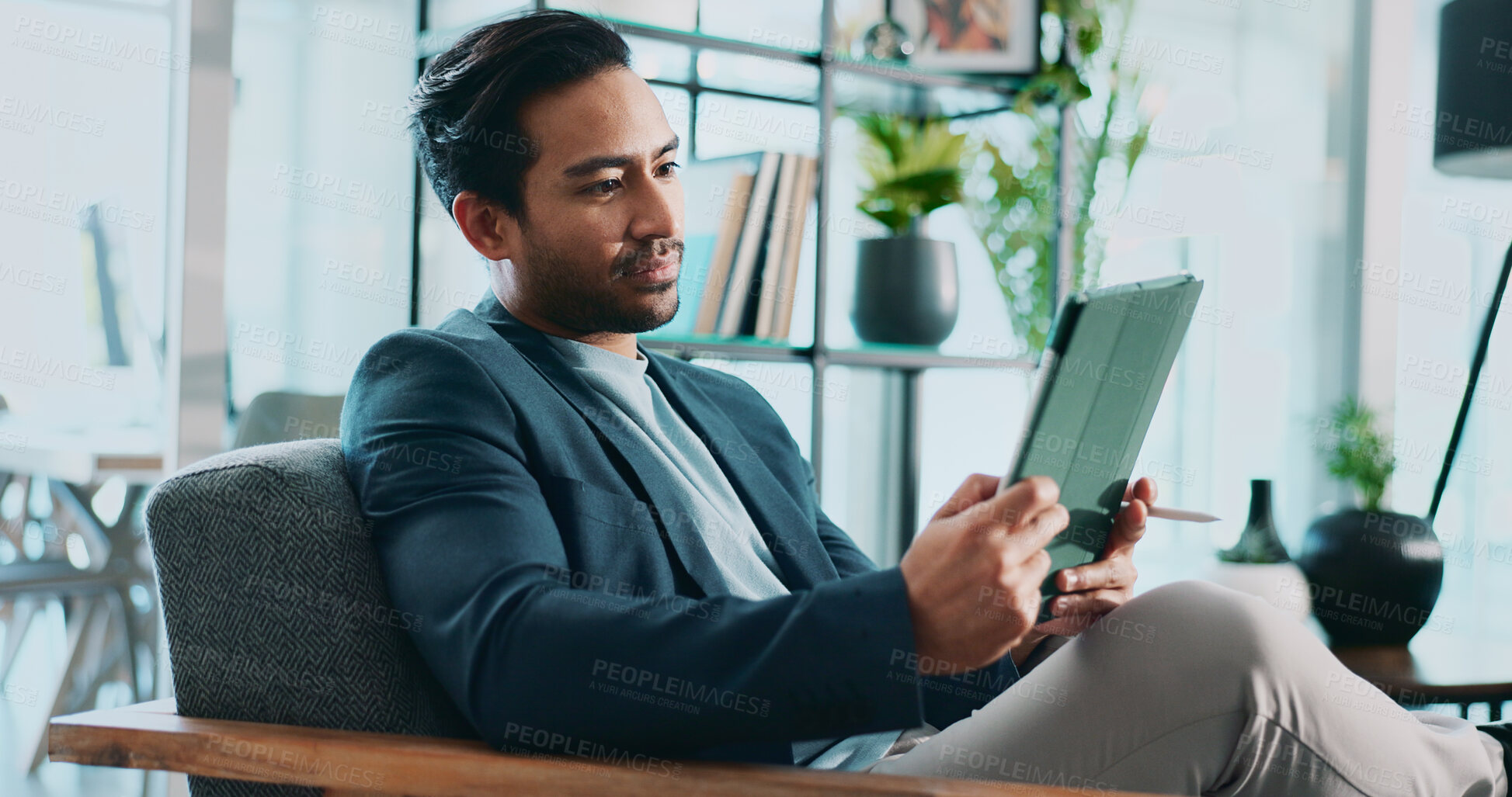 Buy stock photo Businessman, tablet and reading in office for news, economy update and website for research. Trader, tech and relax in workplace with cryptocurrency app, finance management and information report